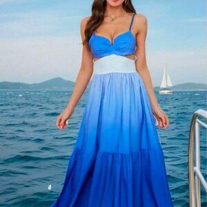 Sleeveless Ombre-Colored Cutout Pleated Long Summer Dress With Straps